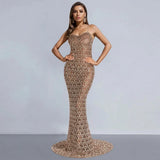 Rhinestone-Embellished Sheer Mesh Maxi Dress
