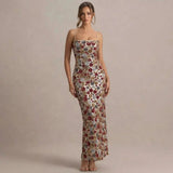 Slit Floral Sequin Bodycon Maxi Dress