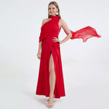 One Shoulder Maxi Dress with Scarf Detail and High Split