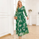 Belted Floral Maxi Dress with Long Sleeves