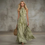 Matcha Leaf Print Chiffon Maxi Dress with Soft Ruching