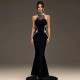 Sleeveless Pearl-Detail Maxi Dress with Rhinestone Accents