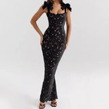 Floral Lace Maxi Dress with Statement Tie Straps and Back Slit