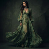 Moss Floral V-Neck Maxi Dress with Sheer Detailing