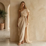 One Shoulder Maxi Dress with Draping and Waist Buckle