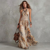 Beige Floral Halter Neck Maxi Dress