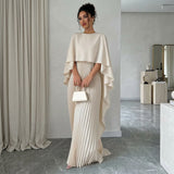 Cape-Draped Maxi Dress with Flowing Pleated Skirt
