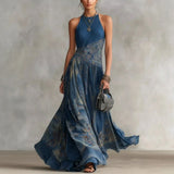 Dusty Blue Printed Maxi Dress with Asymmetric Detail