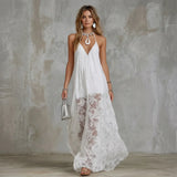 Halter Neck Maxi Dress with Delicate Lace Hem