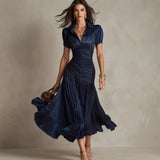 Striped Pleated Midi Dress with Short Sleeves and Ruching
