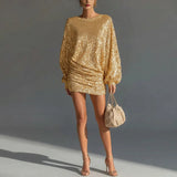 Shimmering Sequin Cocktail Mini Dress with Long Sleeves and Ruching
