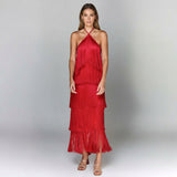 Halter Neck Maxi Dress with Sweeping Fringe and Tie Detail