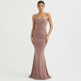 Ruched Maxi Dress with Draped Neckline and Fine Straps