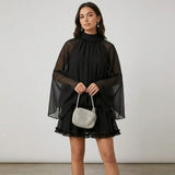 Tie-Back Ruffled Mini Dress with Flared Sleeves