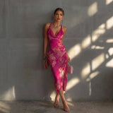 Floral Halter Midi Dress with Ruching and Split