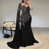 One Shoulder Mermaid Maxi Dress with Pearls and Rhinestones