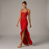 Sequin Evening Maxi Dress with Romantic Ruffle Hem and Split