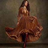 Velvet V-Neck Long Sleeve Maxi Dress with Ruffle Hem