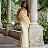 Strapless Ruched Maxi Dress with Asymmetric Draping