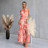 Floral Halter Maxi Dress with Cascading Ruffles