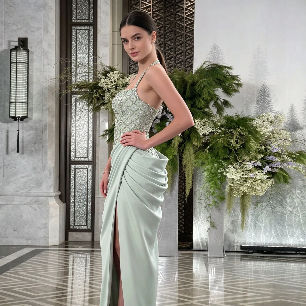 Rhinestone-Embellished Halter Satin Mermaid Gown with Draped Skirt and High Split