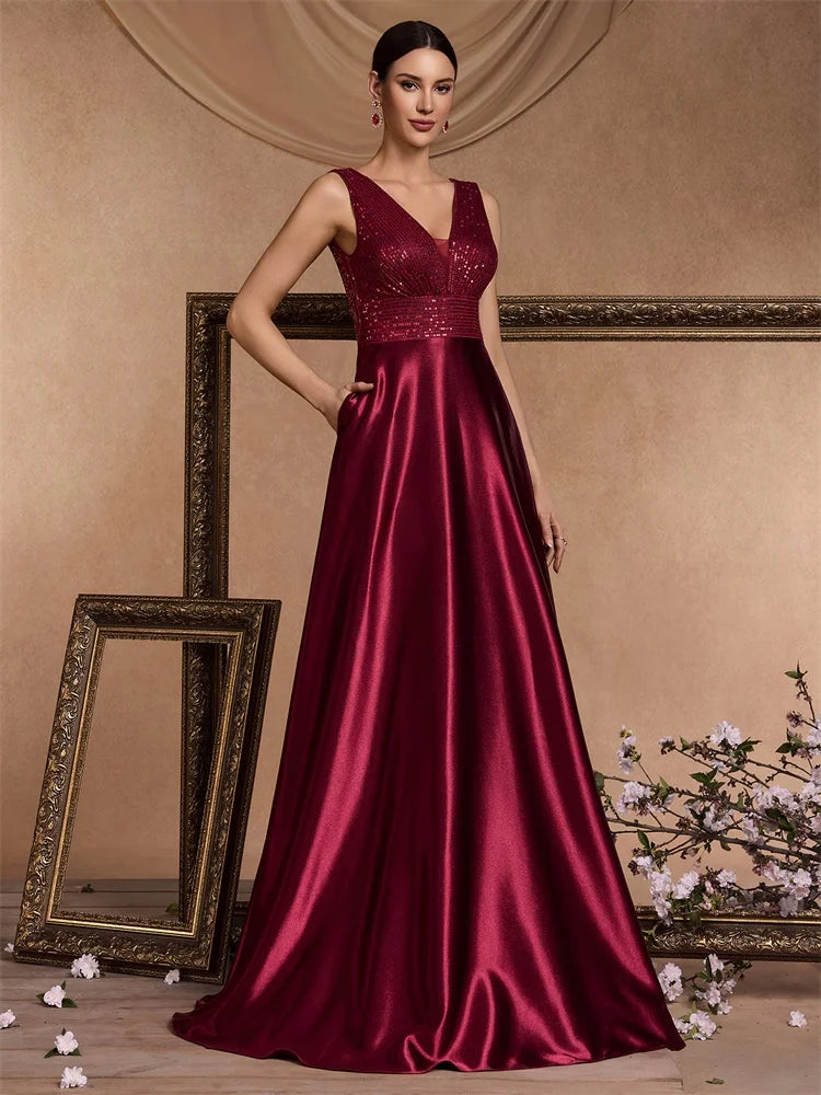 Sequin Bodice Evening Gown with Deep V-Neck and Sweeping A-Line Skirt