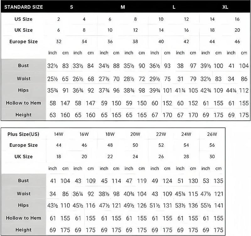 AliExpress bridal gown size chart with standard and plus size measurements in inches and cm.