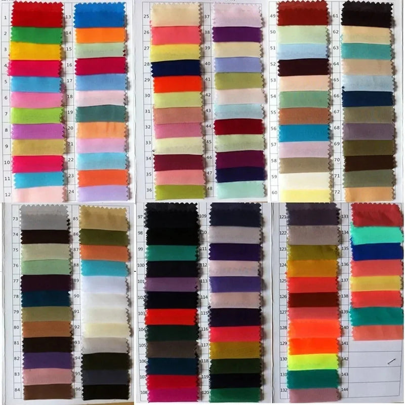 A variety of colorful fabric swatches arranged in vertical columns.