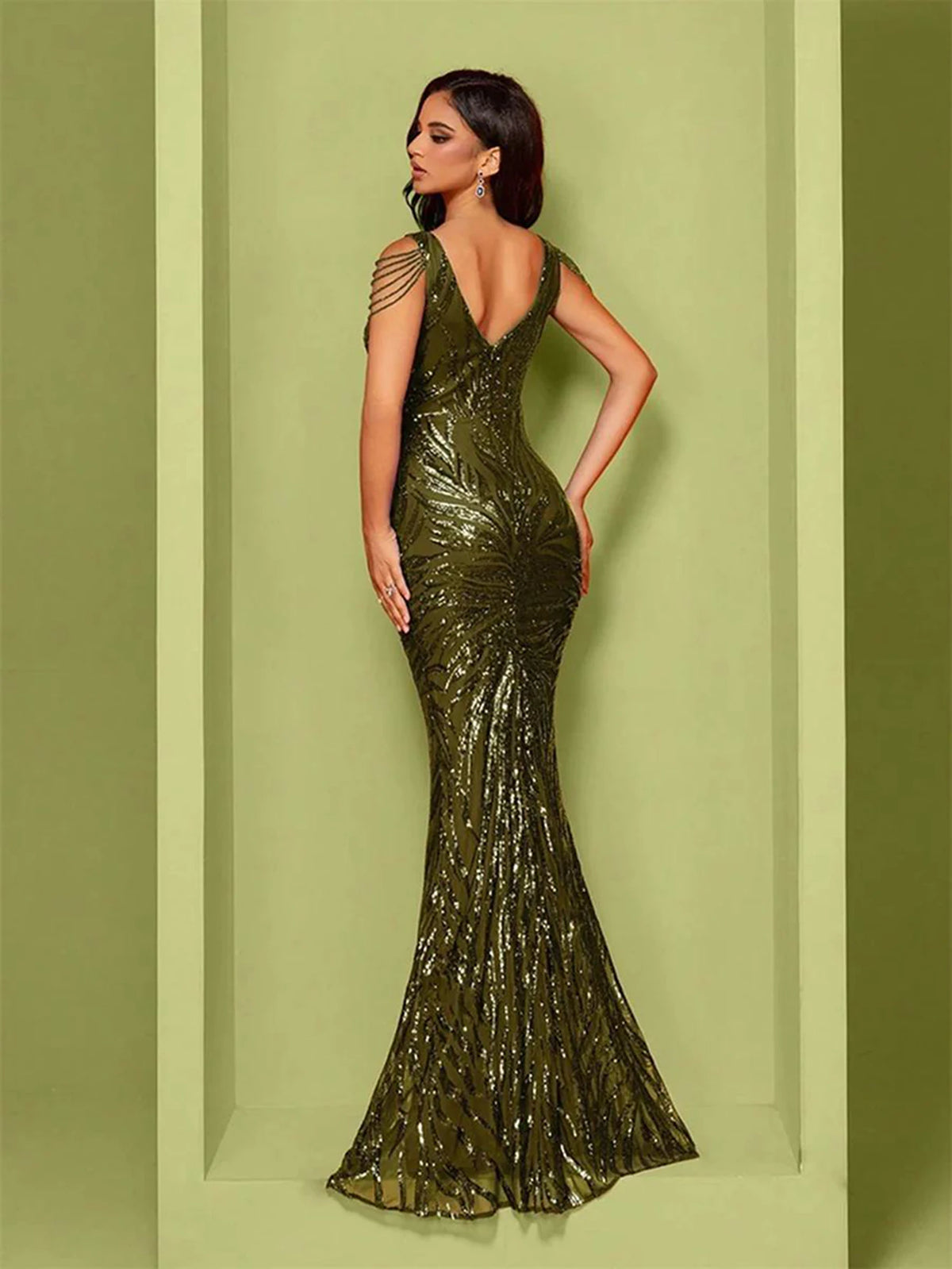 V-Neck Sequin Mermaid Gown with Draped Shoulder Strands