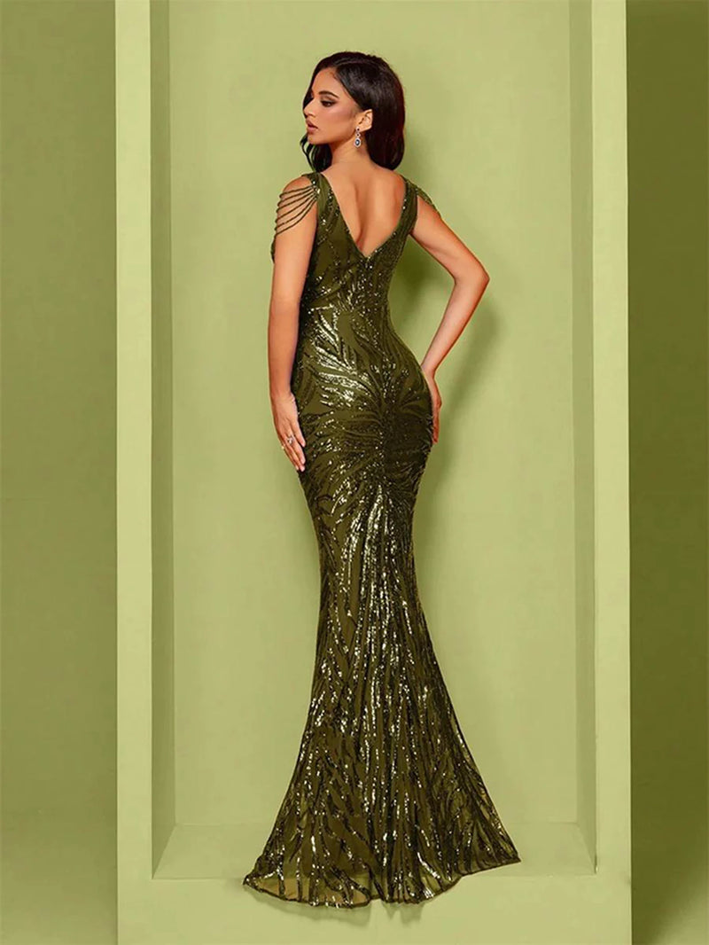 V-Neck Sequin Mermaid Gown with Draped Shoulder Strands