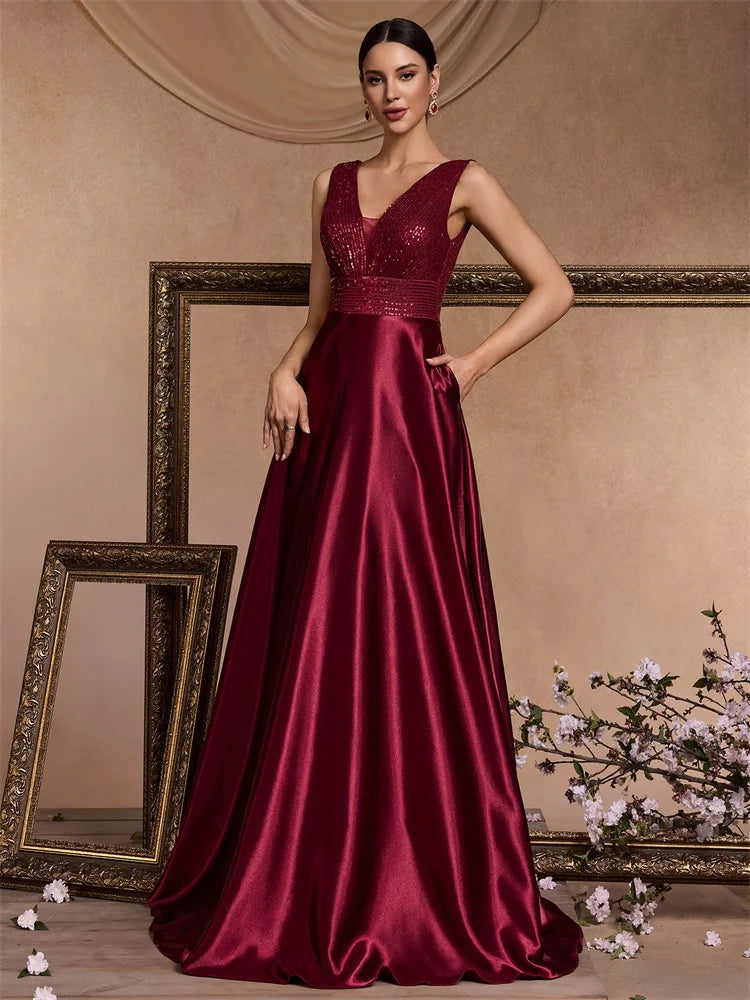 Sequin Bodice Evening Gown with Deep V-Neck and Sweeping A-Line Skirt