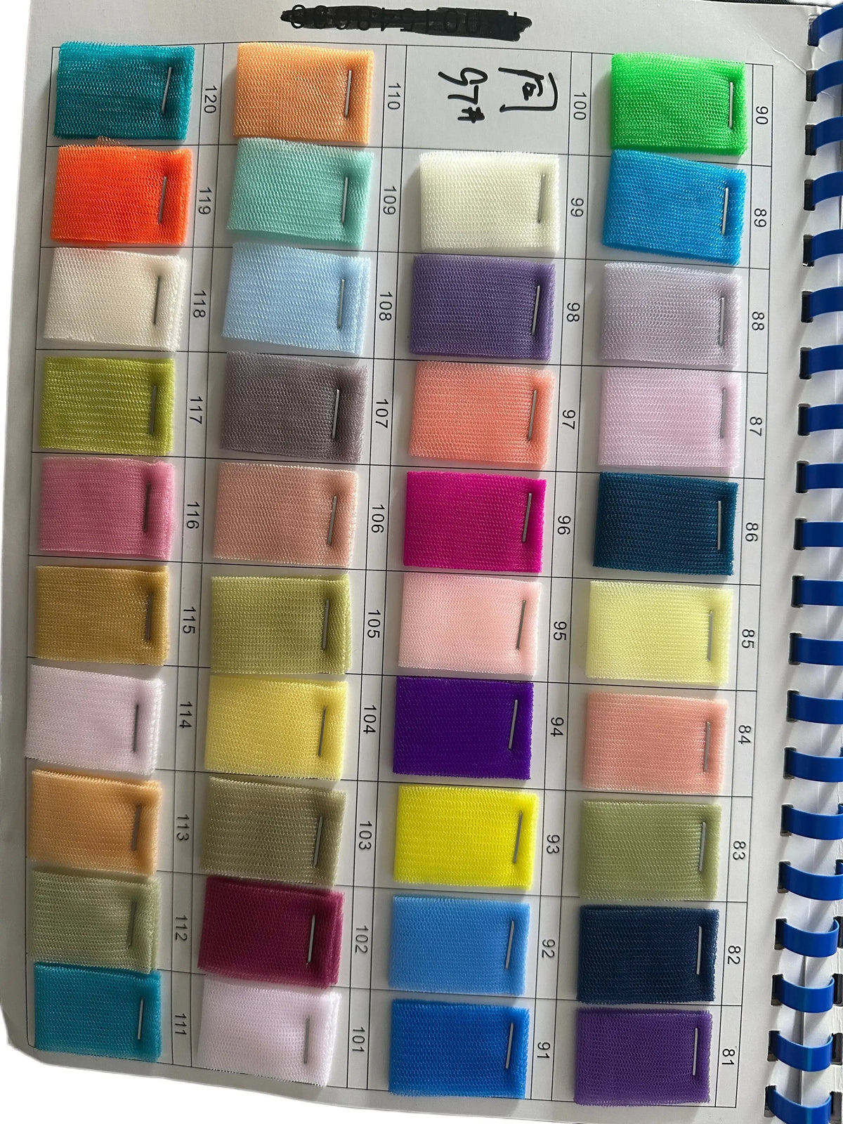 A colorful grid of fabric swatches in various shades numbered 81 to 120.