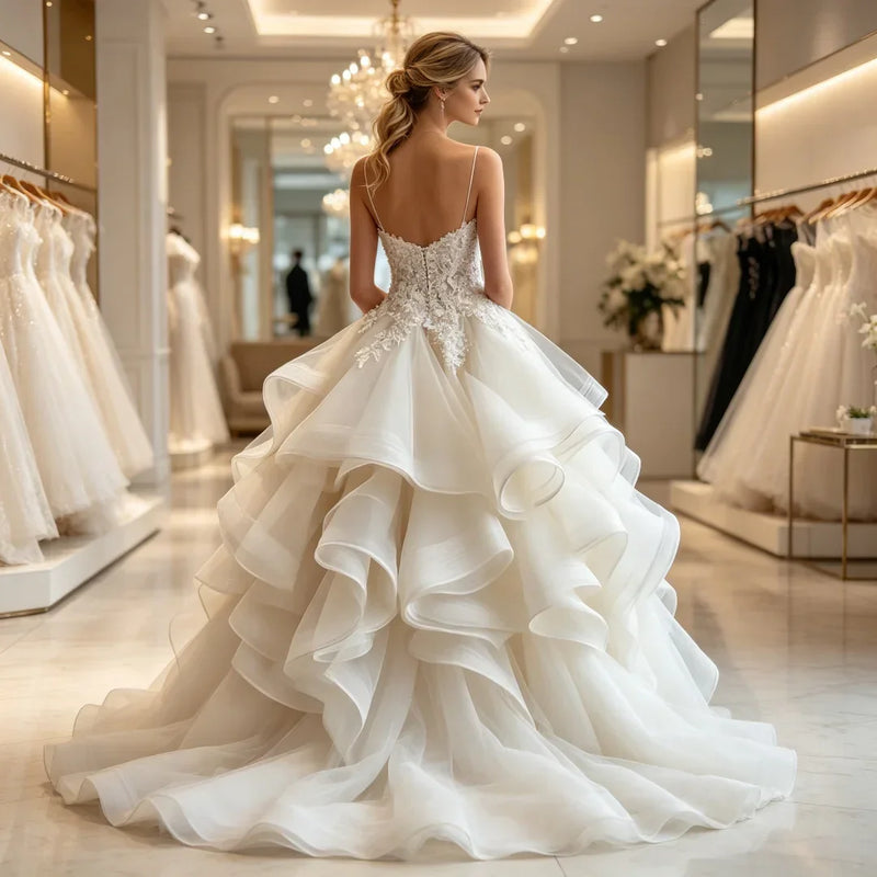 Woman in AliExpress sweetheart lace appliqué tiered bridal ball gown in a boutique.
