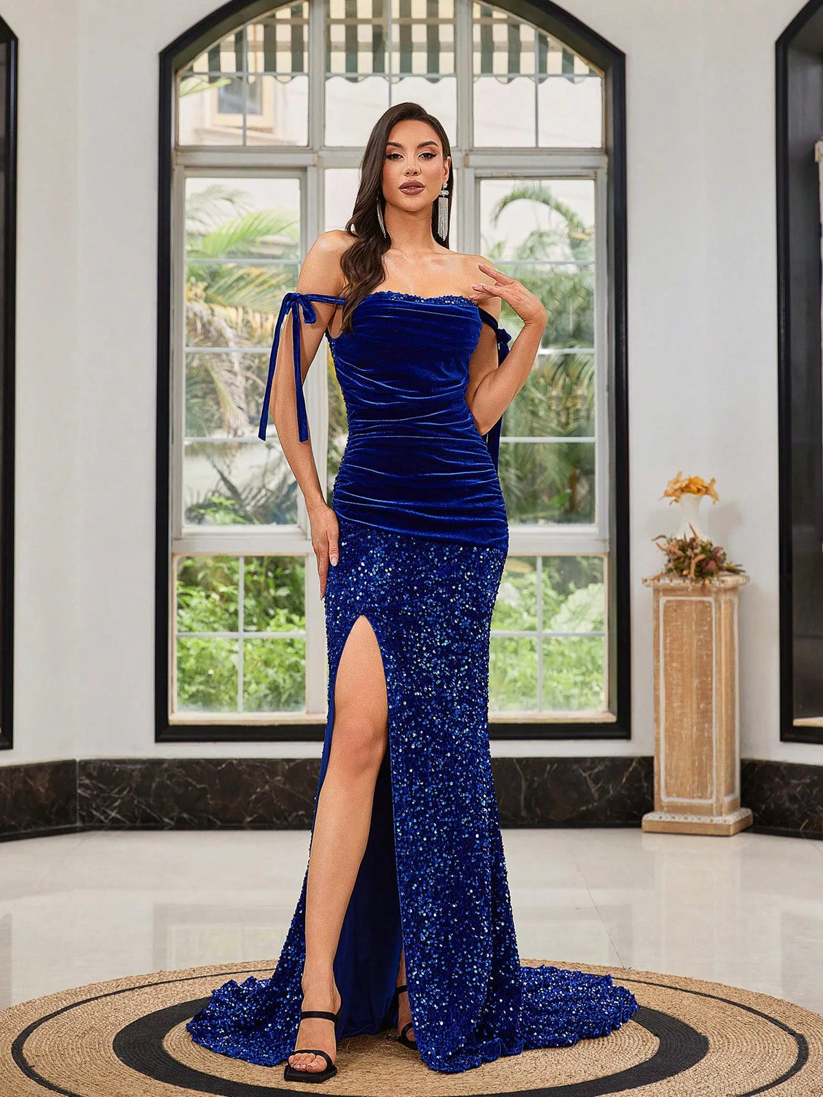 Blue Sequin Sheath Gown with Evening Split