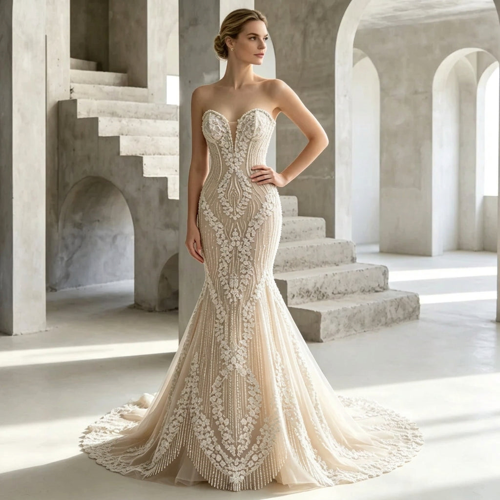 Strapless Lace Bridal Gown with Corset-Inspired Lace-Up Back and Sweeping Train