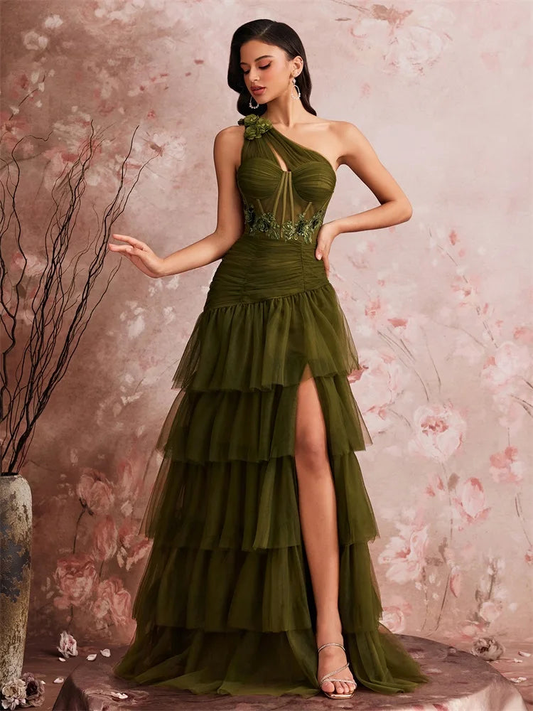 Dream Designs Boutique luxury asymmetric applique tulle evening gown in olive green