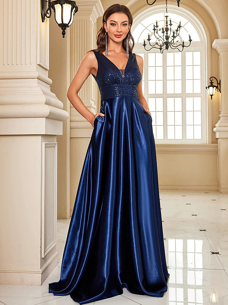 Sequin Bodice Evening Gown with Deep V-Neck and Sweeping A-Line Skirt
