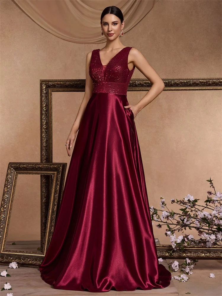 Sequin Bodice Evening Gown with Deep V-Neck and Sweeping A-Line Skirt