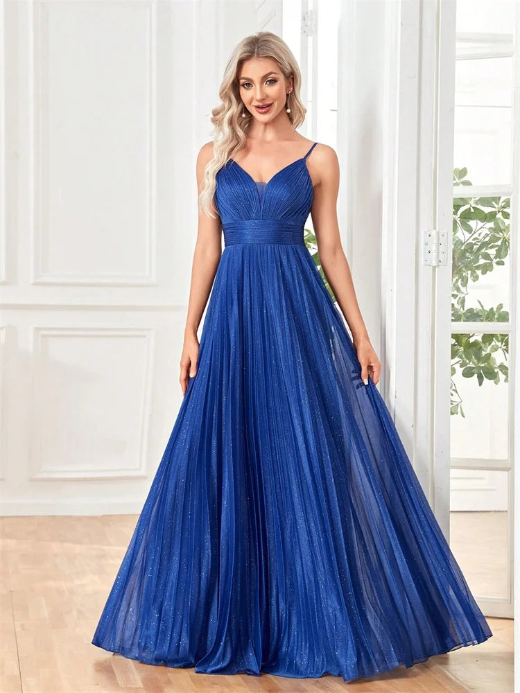 Elegant deep V-neck royal blue chiffon A-line evening gown by Dream Designs Boutique