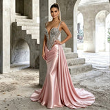 Crystal-Embellished V-Neck Satin Mermaid Evening Gown