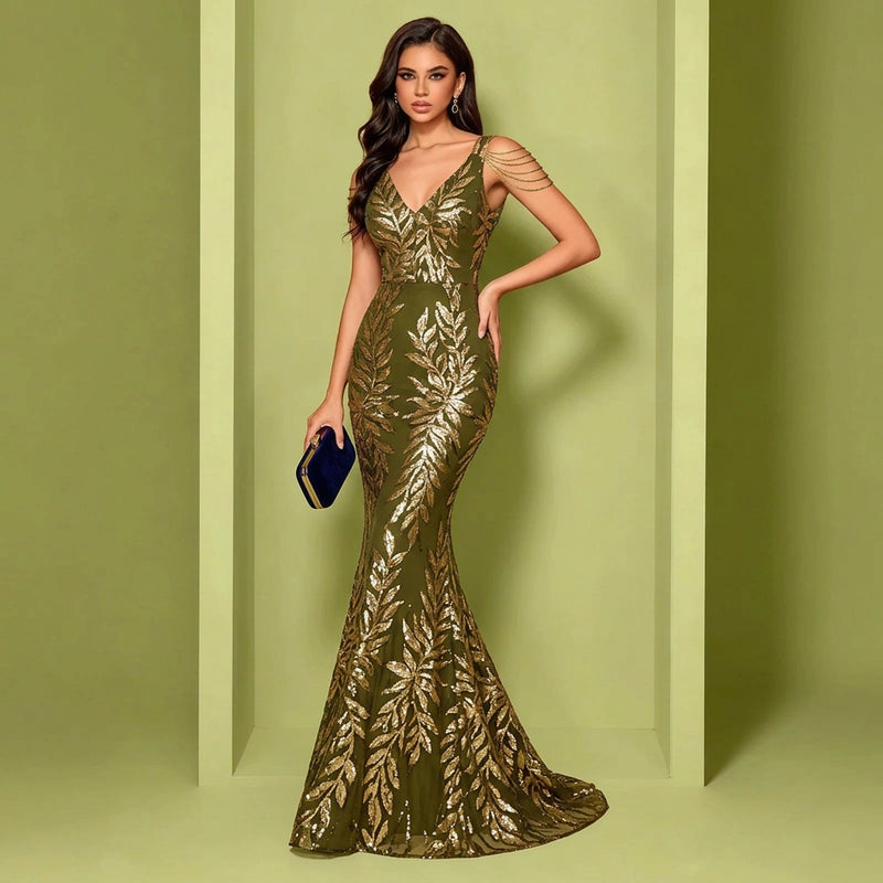 V-Neck Sequin Mermaid Gown with Draped Shoulder Strands