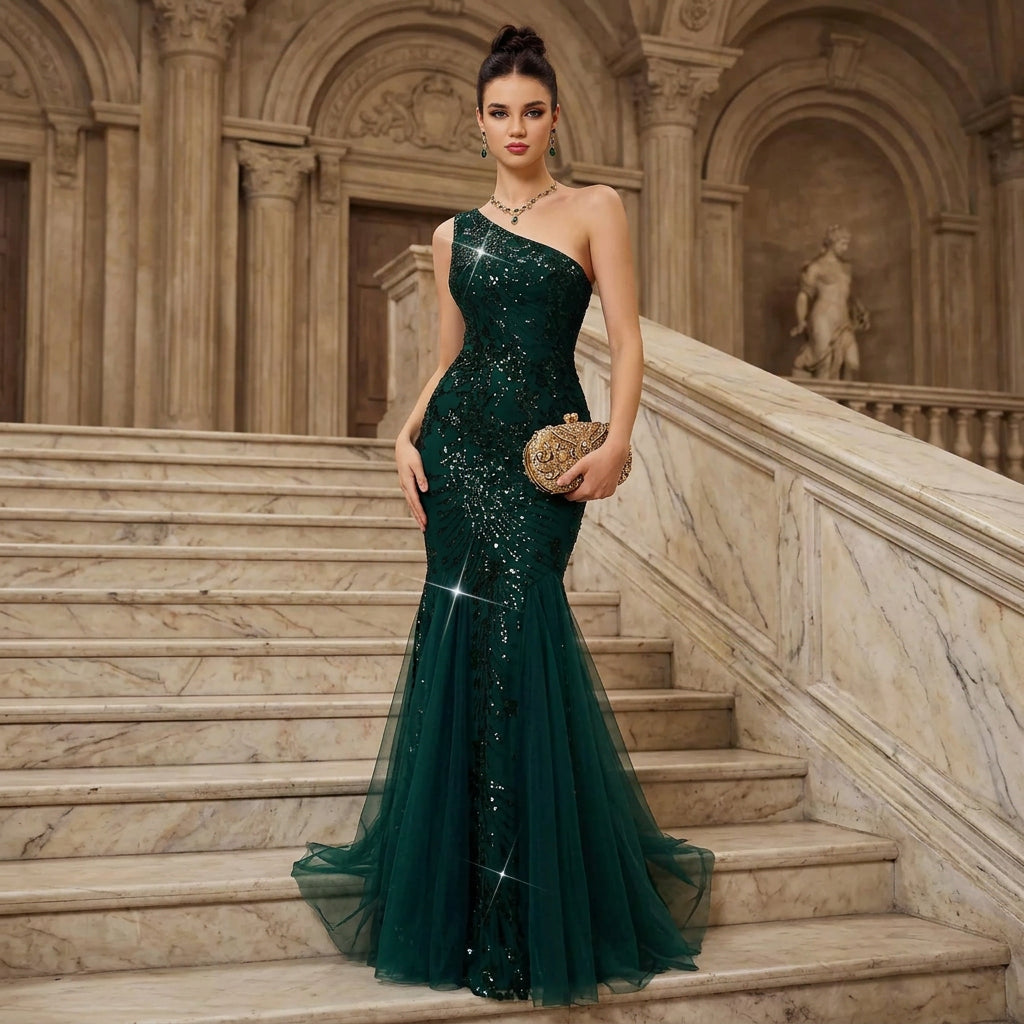 One Shoulder Sequin Mermaid Gown with Softly Flared Hem