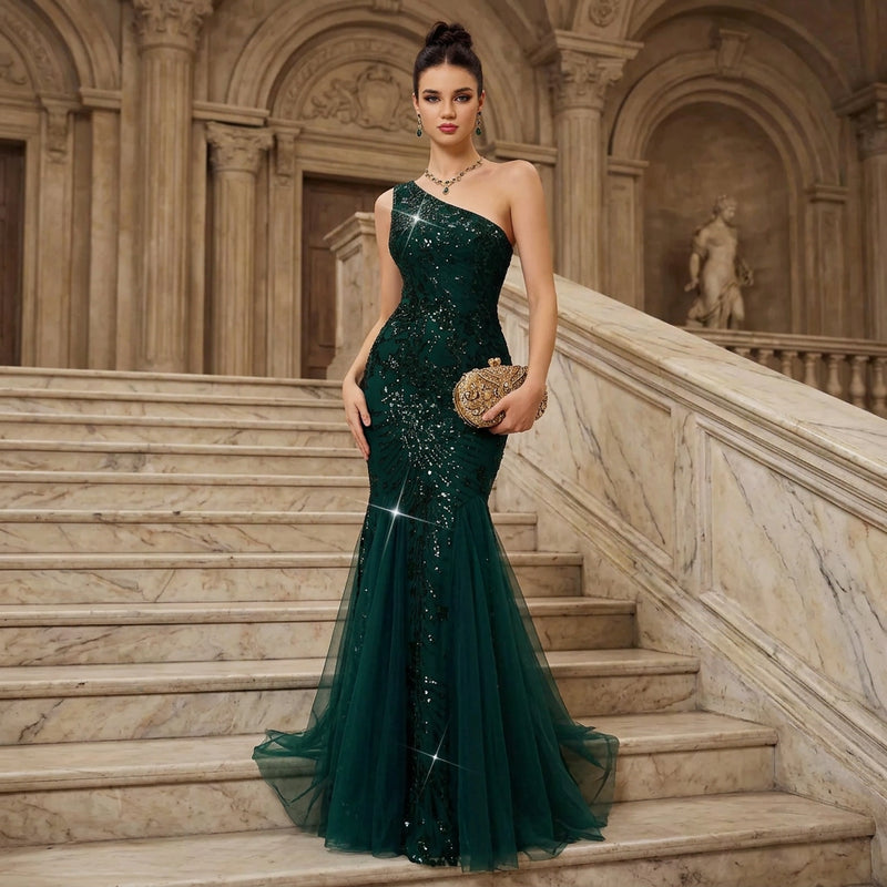 One Shoulder Sequin Mermaid Gown with Softly Flared Hem