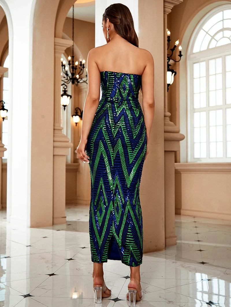 Striped Sequin Dress with a Straight Neckline