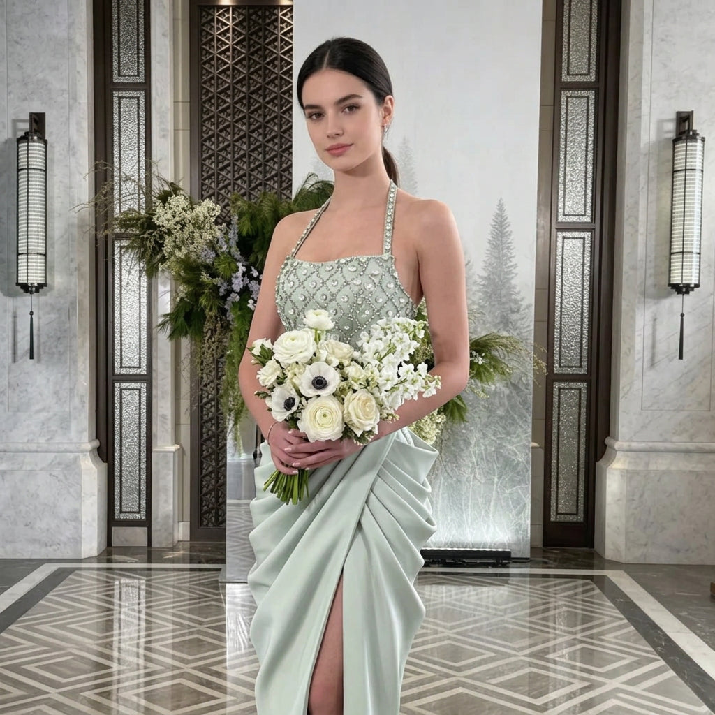 Rhinestone-Embellished Halter Satin Mermaid Gown with Draped Skirt and High Split
