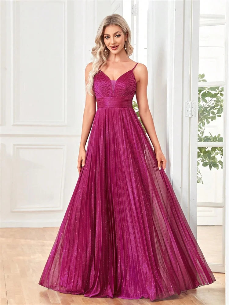 Dream Designs Boutique elegant deep V-neck magenta chiffon A-line evening gown