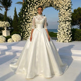 High-Neck Lace and Satin A-Line Bridal Gown with Half Sleeves and Sweeping Train