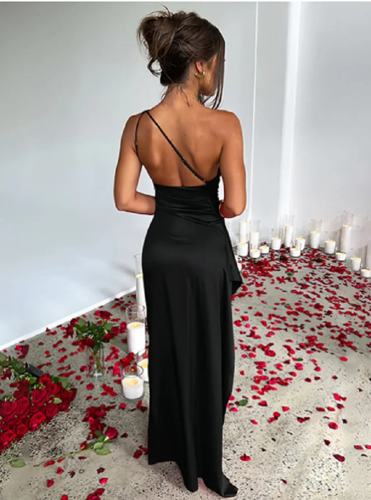 One Shoulder Ruched Gown with Open Back and High Split