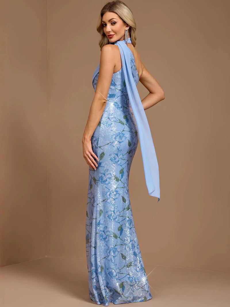 Floral Sequin Asymmetric Gown with Flowing Scarf Detail