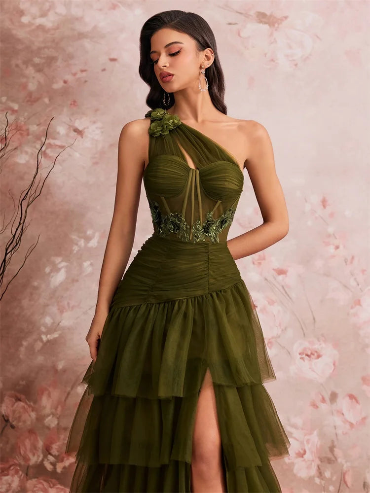 Dream Designs Boutique luxury asymmetric applique tulle evening gown in olive green